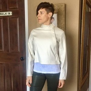 J. Peterman asymmetric zip moto jacket ivory denim